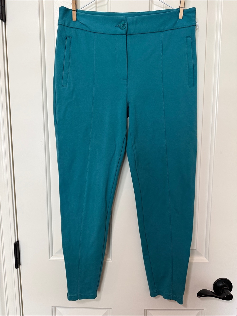 Betabrand Skinny-Leg Cigarette Lightweight Dress Pant Yoga Pants, Turquoise, Med